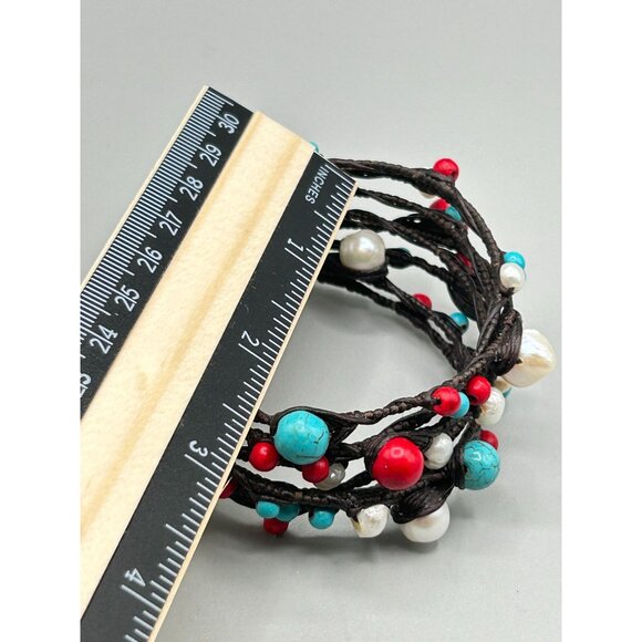 Beaded Wire Cuff Bracelet Genuine Pearls Red & Turquoise Color Beads Multilayer - Picture 7 of 7